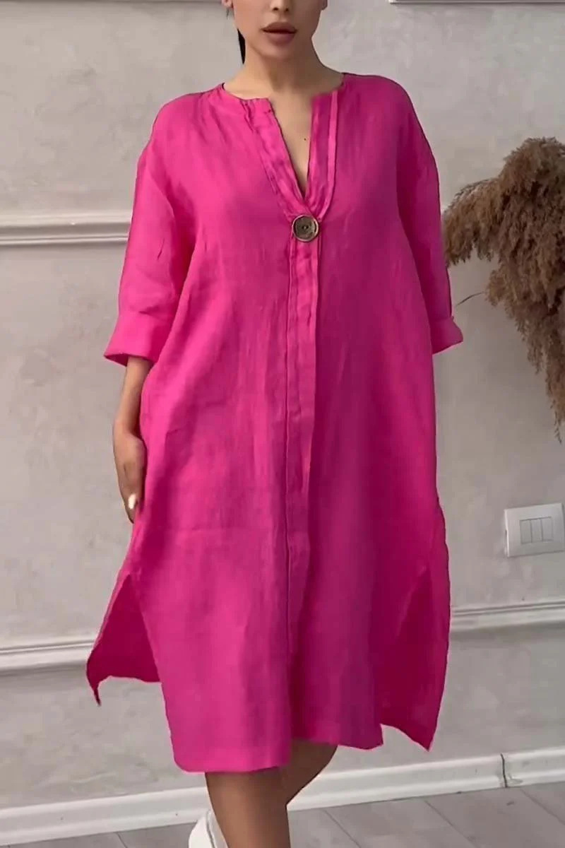Loose Fit Type Wholesale Women's Casual Button Solid Color Holiday Round Neck 3/4 Length Sleeve Shirt Dress