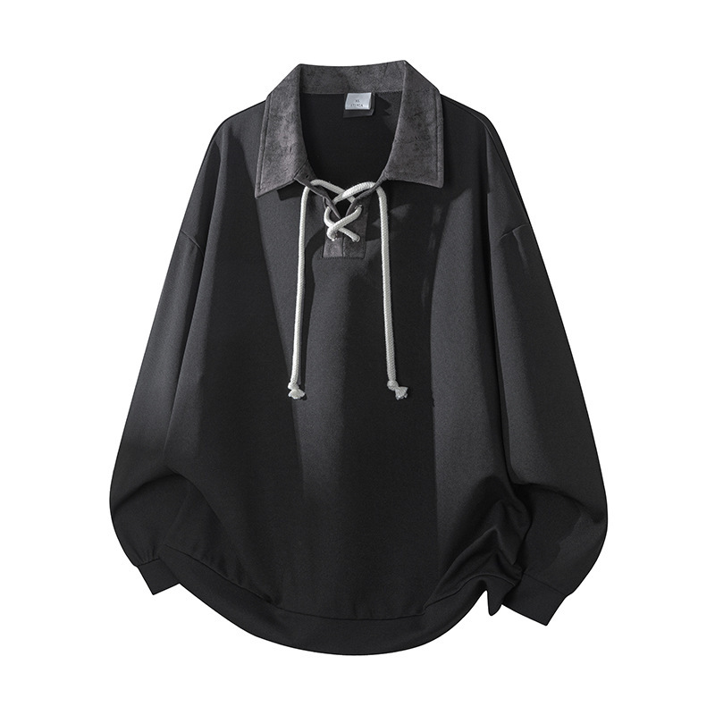 American Retro Fake Two-Piece Half-Zip Collar Sweatshirt, Preppy Style Loose Main Style Tie-Dye Lapel + Drawstring 280g