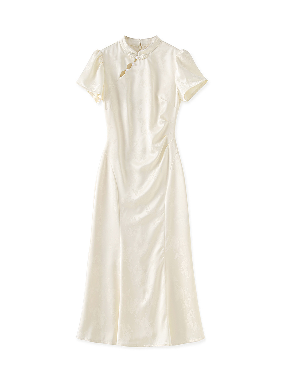 Đầm maxi nữ thắt eo phong cách sườn xám cổ điển, họa tiết phù điêu jacquard phương Đông — Màu xanh lá