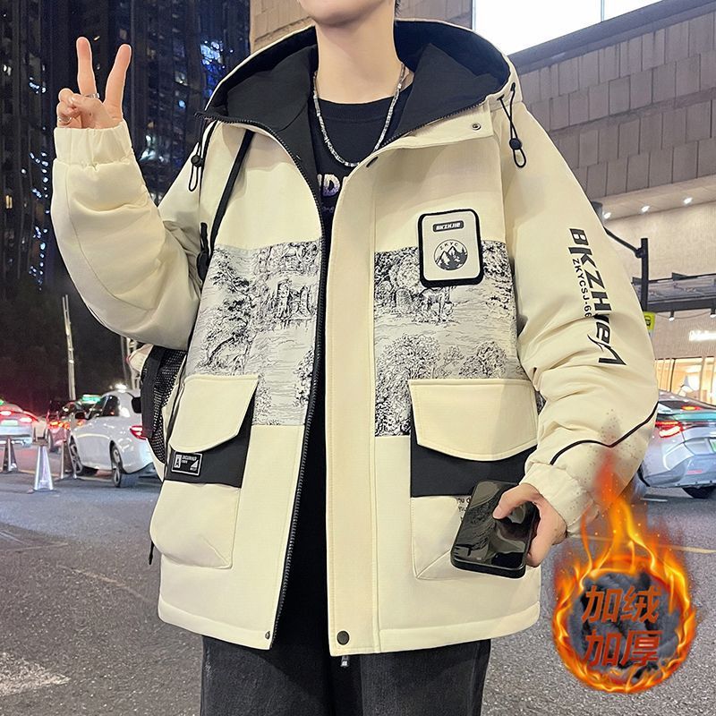 新款加绒加厚工装外套男青少年学生休闲宽松连帽印花夹克男士冬装