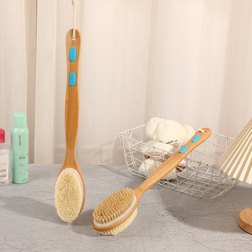 Double-sided bamboo long-handled brush, bath and bath brush, SPA massage pig temple soft bristle brush, exfoliating mud rub and back brush