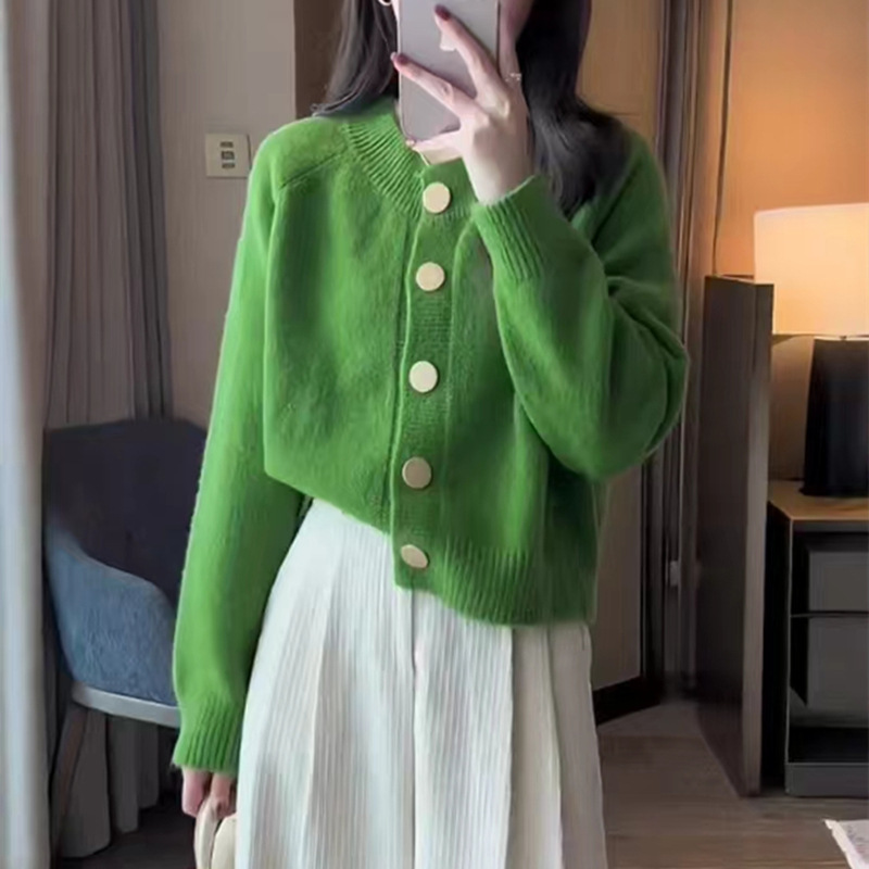24 invierno Puyuan primavera y otoño nuevo color sólido dulce viento de punto Cardigan chaqueta de cuello redondo inserción