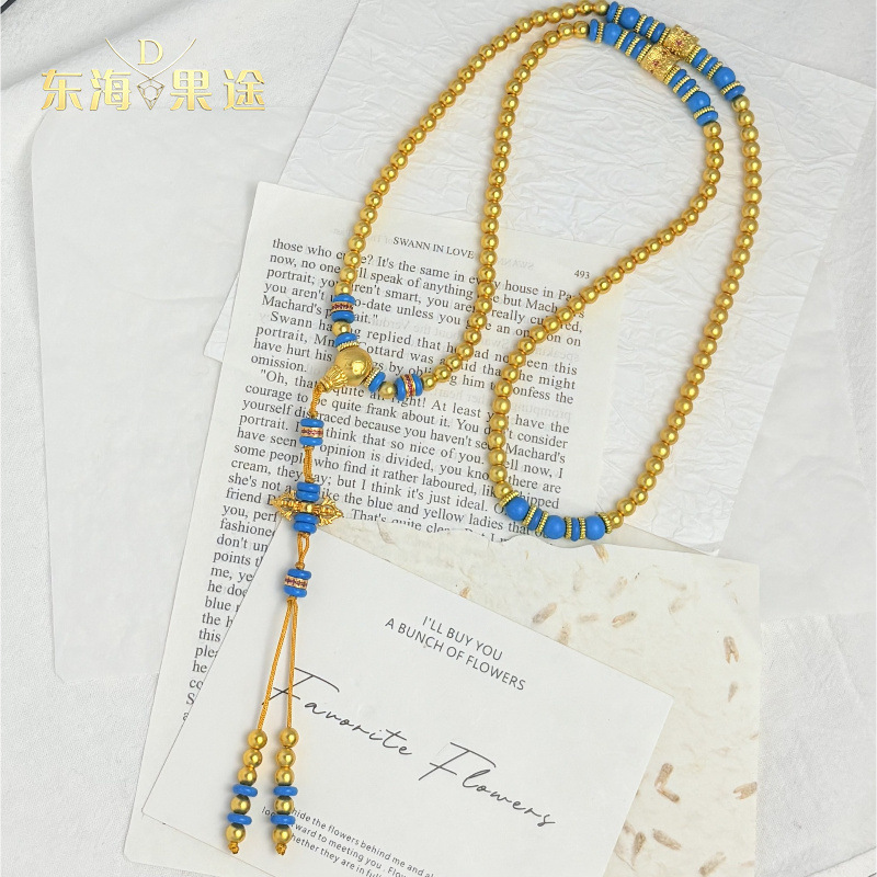 Real Gold-Plated, Strong Color-Retention, Ancient Sand Gold, Turquoise, Vajra, Tassel Sweater Chain, New Chinese Style Retro Three-Circle Bracelet