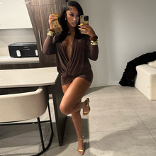 2025跨境欧美秋冬季新款女装长袖V领时尚百搭性感辣妹包臀连衣裙