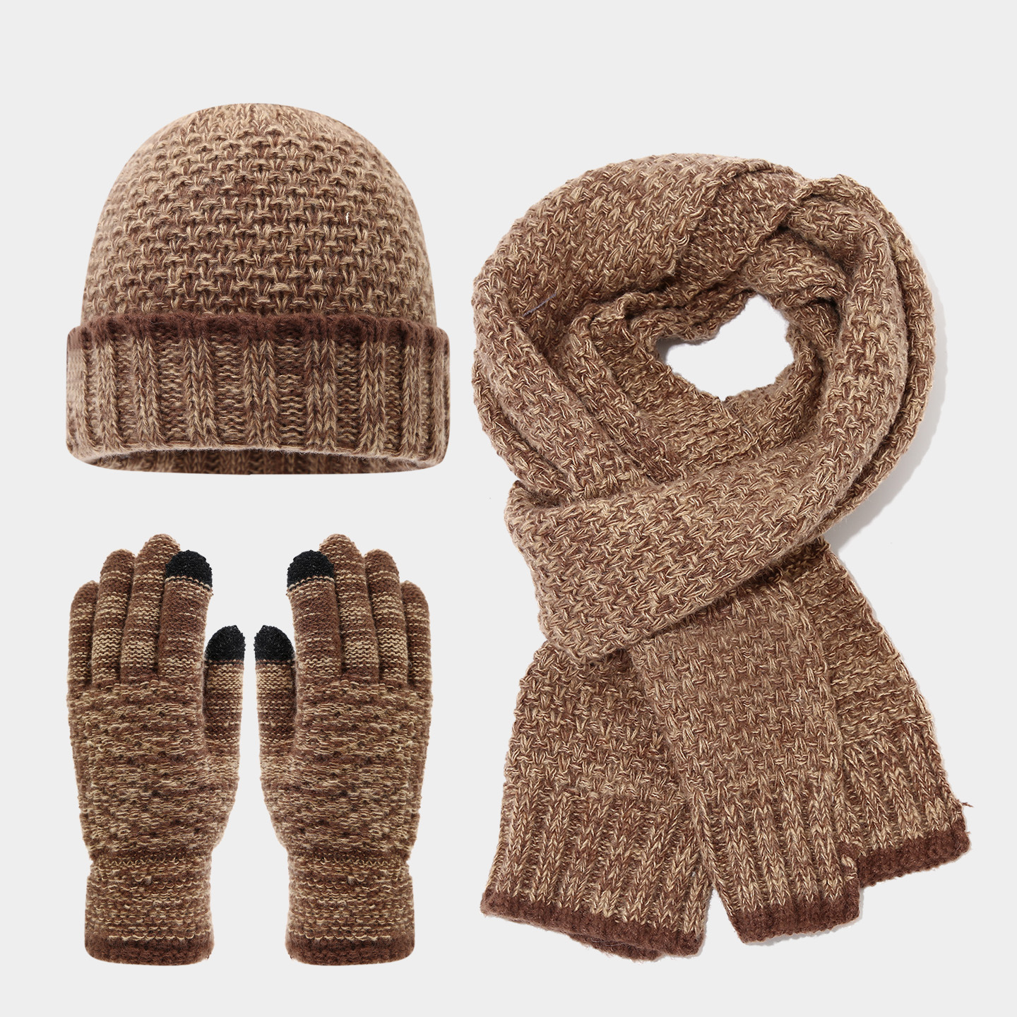 Invierno de moda europea y americana sombrero de punto de color conjunto de tres piezas al aire libre amplio sombrero bufandas guantes de calor conjunto de moda