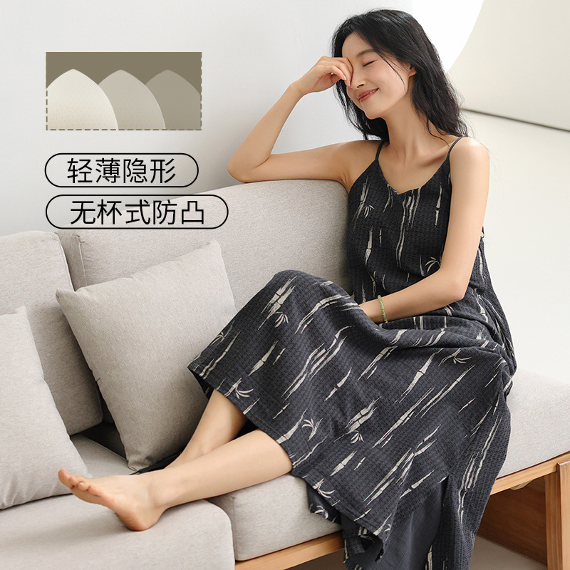 Pijama de algodón para mujeres cojín de pecho sexy pijama de suspensión 2025 nuevo vestido casual medio largo ropa para el hogar