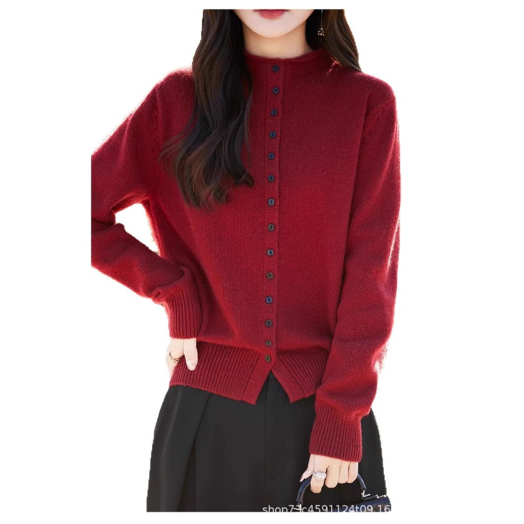 부드러운 스타일 높은 목 단일 가슴 단색 니트 카디건 여성의 2024 가을 및 겨울 새로운 느슨한 올 매치 스웨터 탑