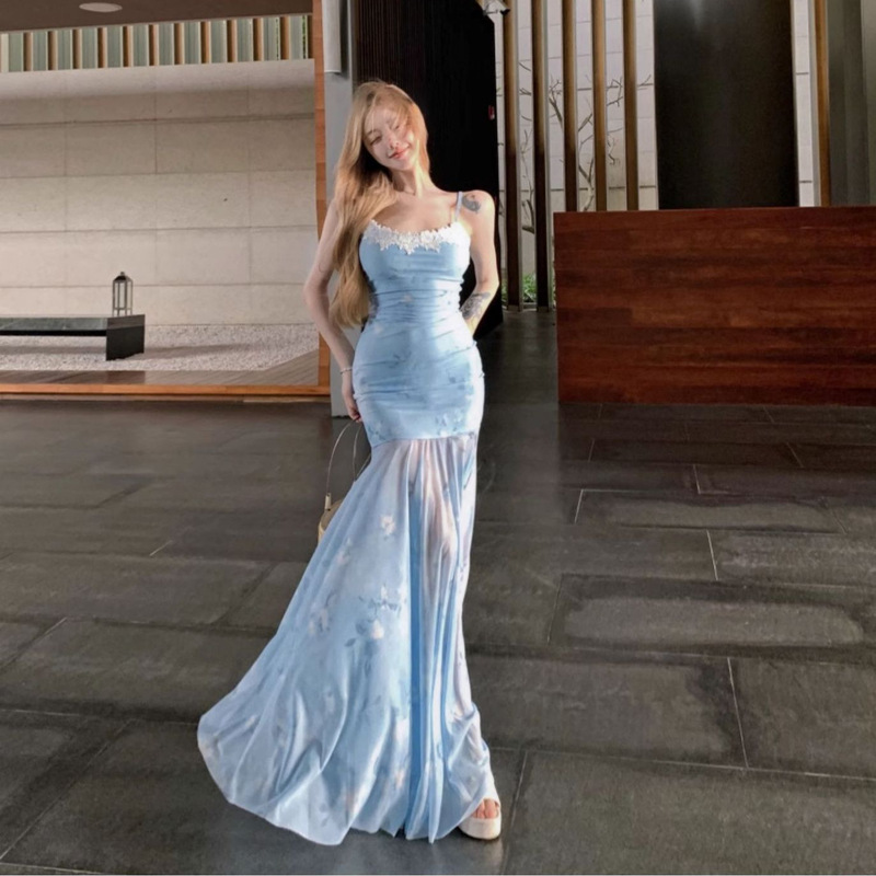 French Blue Mesh Suspender Dress for Women, Summer Temperament, Waist-Cinching, Beautiful Long Skirt, Seaside Vacation Fishtail Skirt