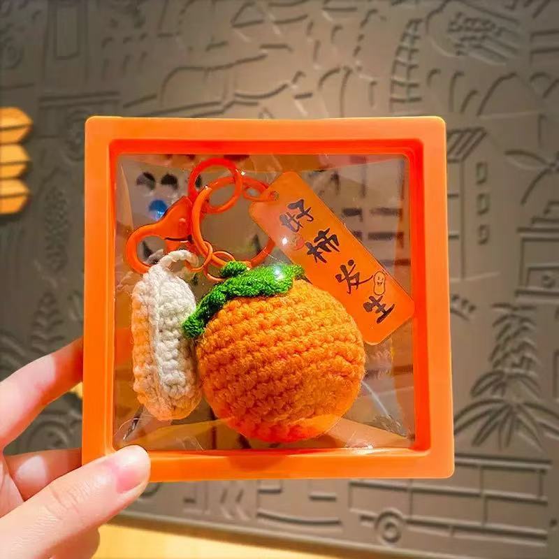 Knitted Yarn Pendant Plush Crochet "Good Things Happen" Persimmon Keychain, Good Luck Charm for Bags and Small Accessories
