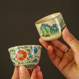 Kung Fu Tea Cup full color landscape beige Ru kiln tea cup open ice crack ceramic tea cup tea cup