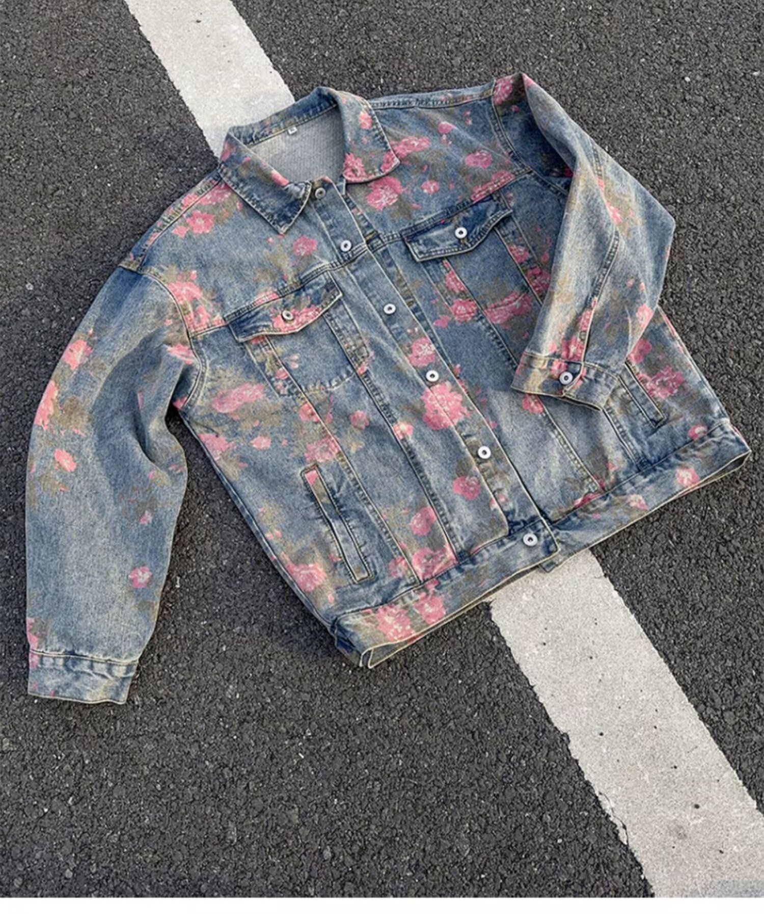 Men's Clothing Unisex Floral Print Denim Jacket Spring Autumn Trendy Designer Collared Workwear Jacket American High Street Style_mkmklike.com