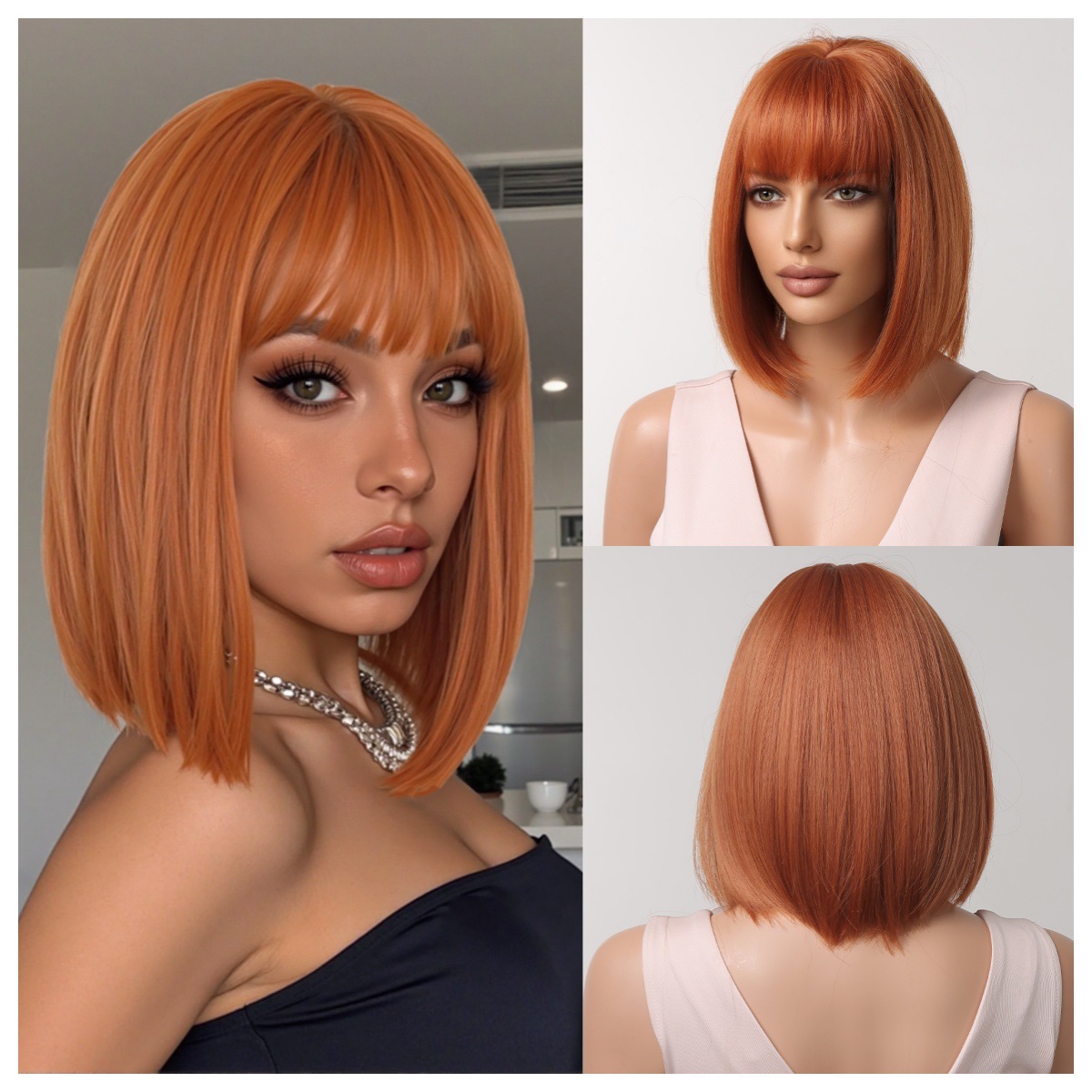 Peluca Bob Corta y Lisa para Mujer de Fibra Sintética, Con Flequillo, Refrescante, para Verano image 15