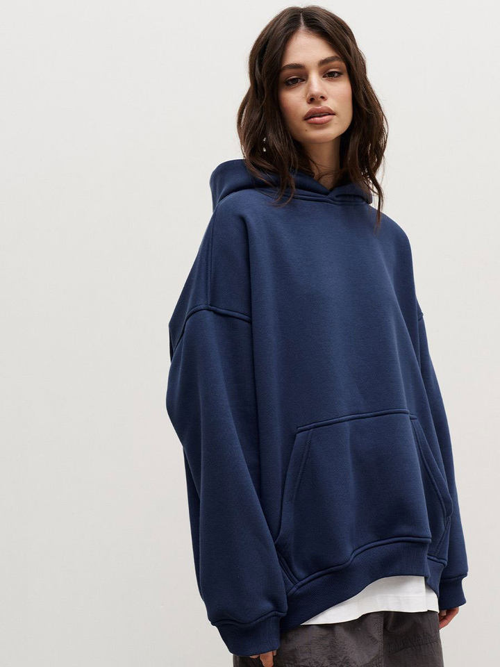 Áo hoodie nỉ lông dáng rộng có mũ và túi, tay dài, dáng unisex — Màu cà phê, Màu hồng, Màu xám, Màu đen chi tiết 44