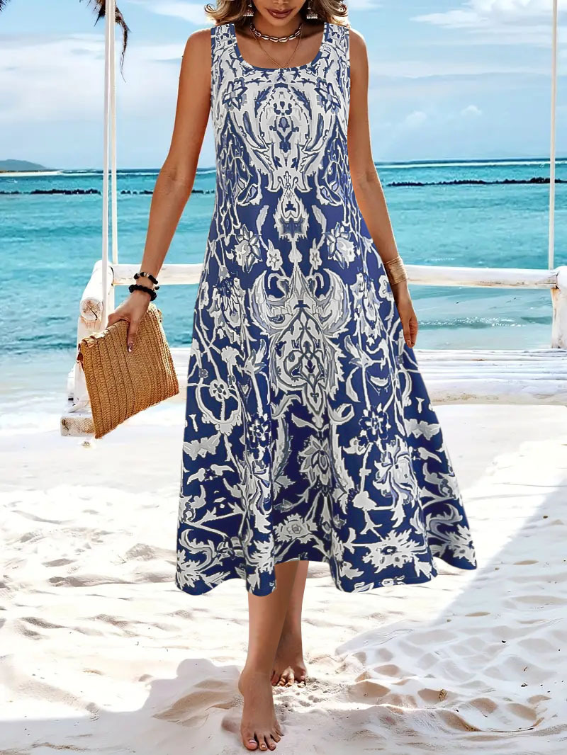 2025 Cross-Border Foreign Trade Bohemian Printed For Women, Summer Fashionable Elegant Round Neck Sleeveless Long Dress_ecoleips.com