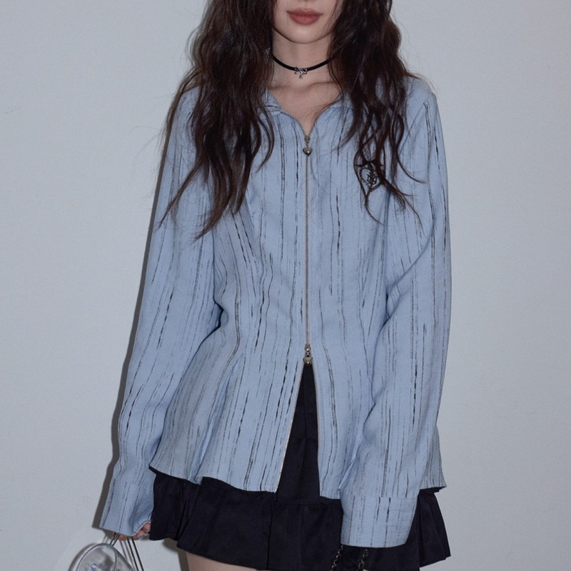 Noisy Blue Light Blue Polo Collar Double Zipper Shirt for Women 2026 Spring New Loose Long Sleeve Outerwear Top Noisy Blue Light Blue Polo Collar Double Zipper Shirt for Women 2026 Spring New Loose Long Sleeve Outerwear Top