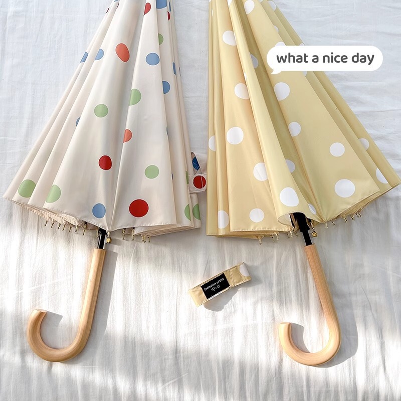 Long-Handled Umbrella 16-Bone Hong Kong-Style Umbrella for Women, Wind-Resistant Polka-Dot Enlarged Umbrella, High-End, Automatic, Strong, Rain or Shine