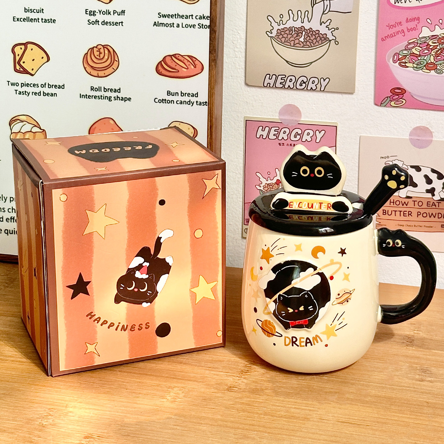 Cute gato cerámica taza con cubierta taza de cuchara de taza de agua de alto valor para niñas taza de regalo de cumpleaños casera taza de pareja