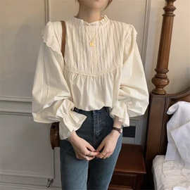 1688春秋新款法式泡泡袖宽松衬衫女设计感港风复古风百搭上衣文艺