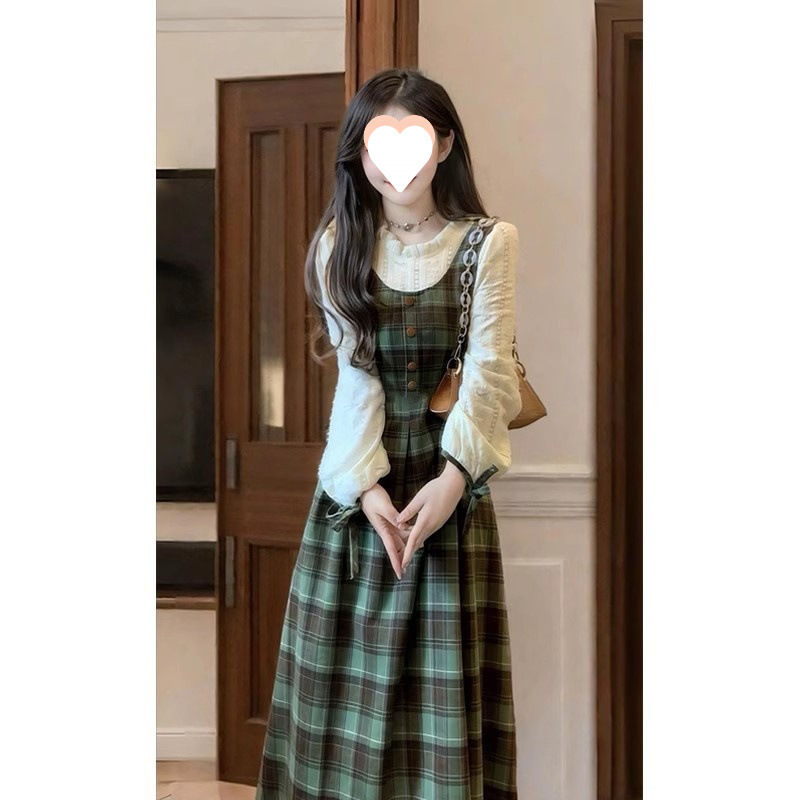 学院风假两件绿色格子连衣裙子秋秋季女装2025新款小个子穿搭长裙