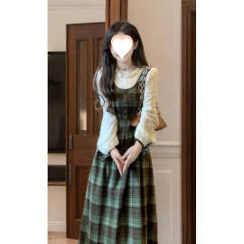 学院风假两件绿色格子连衣裙子秋秋季女装2025新款小个子穿搭长裙