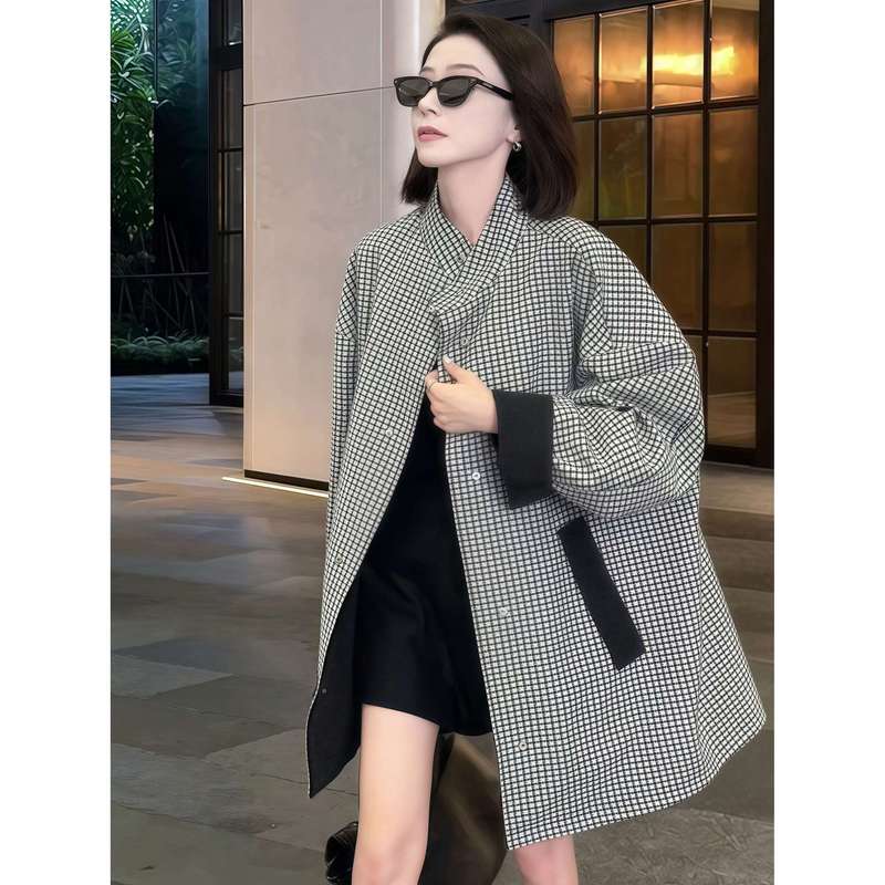 英伦风双面穿中长款风衣女2025秋季新款立领格子两穿时尚宽松外套|undefined