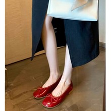 做旧红色芭蕾鞋蝴蝶结奶奶鞋小香风平底圆头超软单鞋女复古小红鞋