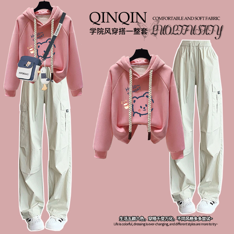 学院风时尚套装女春秋新款学生韩版洋气连帽卫衣帅气工装裤两件套|undefined