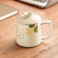 手描き金桂月兎泡茶杯個人専用事務茶水分離マグカップ蓋付き陶磁器コップ礼箱