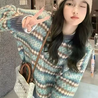 慵懒风毛衣女秋冬装2025新款宽松显瘦菱格针织衫加厚保暖外穿上衣