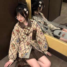 美拉德复古vintage牛角爱心皮扣碎花夹棉棉服外套冬图片色雪尼尔