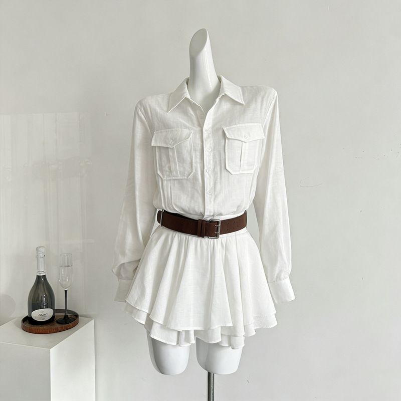 French High-end White V-neck Ruffled Shirt dress Women's Spring Slim-fit Slimming Design Short Skirt