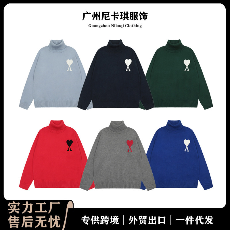 Ami Knitted Sweater High Collar Big Heart Trendy Brand Female Couple Loose Sweater Top Long Sleeve 25 Years New Cross-Border Ami Knitted Sweater High Collar Big Heart Trendy Brand Female Couple Loose Sweater Top Long Sleeve 25 Years New Cross-Border