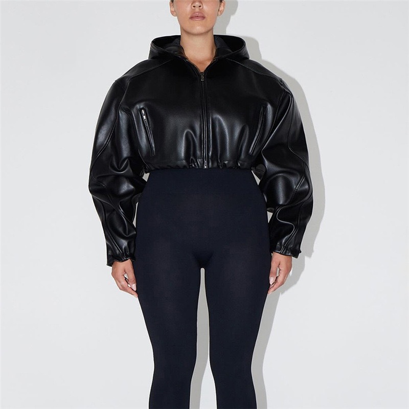 Trendy Faux Leather Hooded Cropped Jacket For Women - Streetwear Biker Style Zippered Long Sleeve Top_ecoleips.com