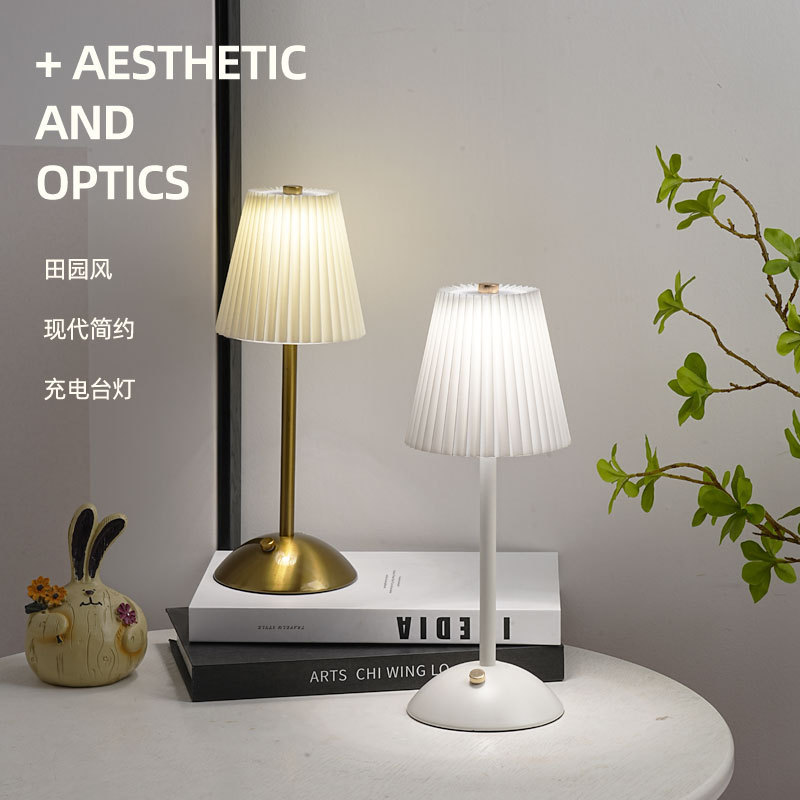 Cross-border simple pastoral charging night light pleated lamp bedroom living room bedside lamp creative atmosphere night light fashion