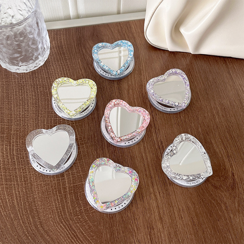 Magnetic Magsafe Mobile Phone Airbag Holder Korean Ins Style Glitter Sequin Heart Mirror Sticker Portable Makeup Mirror