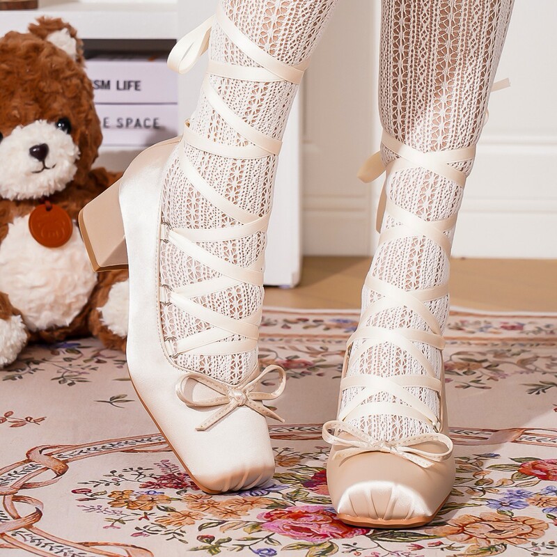 in stock Fresh Pink Cross Strap Girly Style Ballet Shoes Soft and Comfortable Mid-Heel Shoes Large Size Shoes