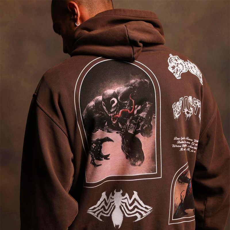 Darc Wolf Head Marvel Venom Co-Branded Printed Winter Thickeneded Velvet Sports Hooded Sweatshirt Fitness Top