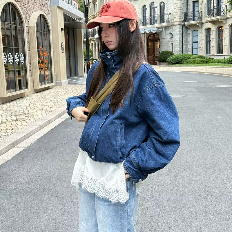 MMFISH时髦街头洋气立领拉链加厚夹棉牛仔短款水洗面包服25Y601