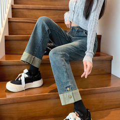 拼接烟管裤女秋装2025年新款高腰显瘦卷边直筒牛仔裤女九分小个子