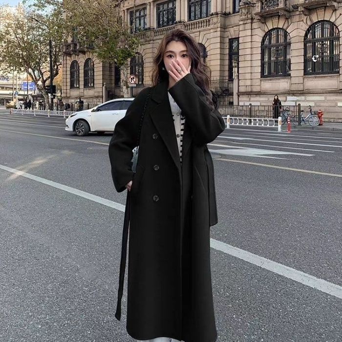 加棉加厚羊绒大衣女2025年秋冬新款韩版宽松中长款系带毛呢外套|undefined