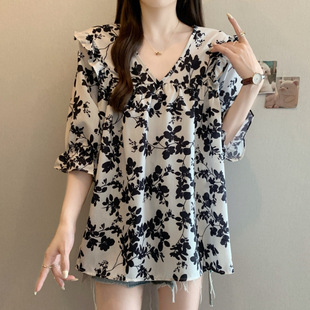 In-Stock Summer Plus-Size Women's Mid-Length Sweet Lace Ruffled Floral Shirt Babydoll Top m 4XL 100kg