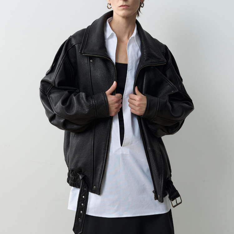 Yang Shulin Y * L Autumn Leather Coat Women's Loose Heavy Industry Retro Profile Lamb Bubble Leather Aviator Jacket