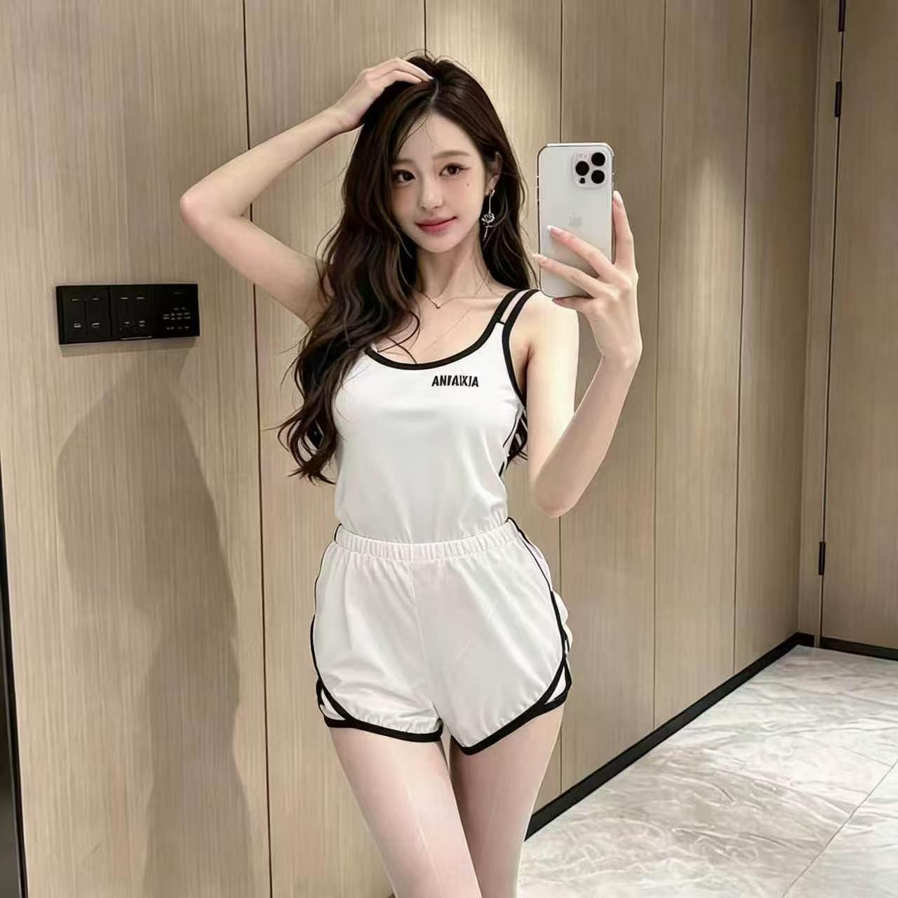 Japanese-Style One-Piece Swimwear with Chest Pads, Black Polyester, Includes Shorts — detail image 4