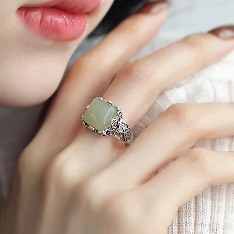 Vintage New Chinese Style Copper Coin Sugar Cube Hetian Green Jade Ring Adjustable Open For Women, Hollowed-out Design_voghion.com