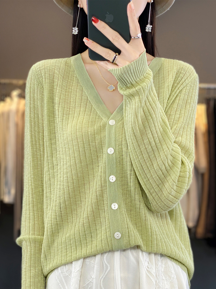 Summer New Knitted Sunscreen Slub Fine Imitation Outer Cardigan V-Neck Pit Cotton Linen Top Solid Color Simple