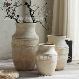 侘寂风复古大花瓶客厅落地茶室氛围布置水泥花盆商场装饰陶罐组合