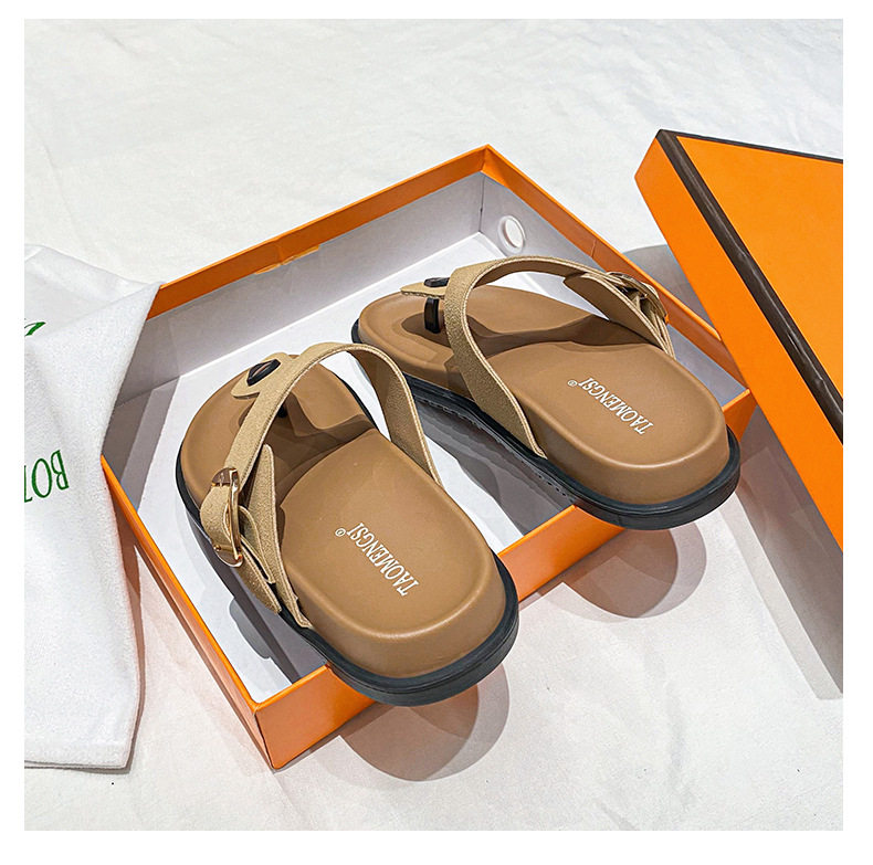Dép sandal nữ quai ngang da bò thật đế dày phong cách Hàn Quốc — Màu Kaki mặt nhung, Màu đen mặt nhung, Trắng sữa vân vải chi tiết 25