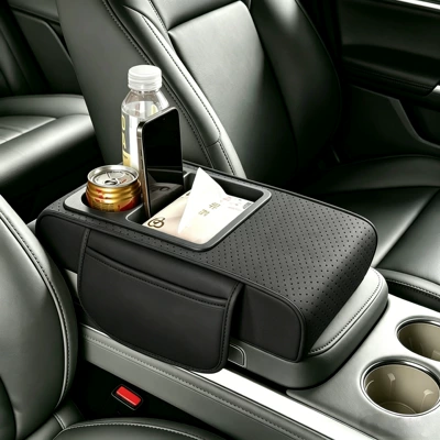 Car Armrest Box Heightening Pad, In-Car Tissue Box, Dual Cup Holder, Central Armrest Box, Multifunctional Storage Box (Armrest box pad) - three-dimensional-punching-black