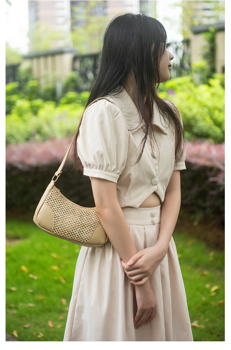 Daily, Shopping Occasion Straw Material Color Block Pattern Women's Small Straw Color Block Basic Vacation Dumpling Shape Zipper Shoulder Bag Crossbody Bag Straw Bag