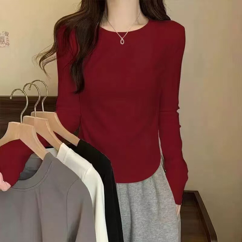 Women's Autumn New Pure Cotton Long-Sleeve T-Shirt with Irregular Hem Design, Slimming Base Shirt Ins